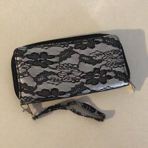 Silver and black lacey wristlet